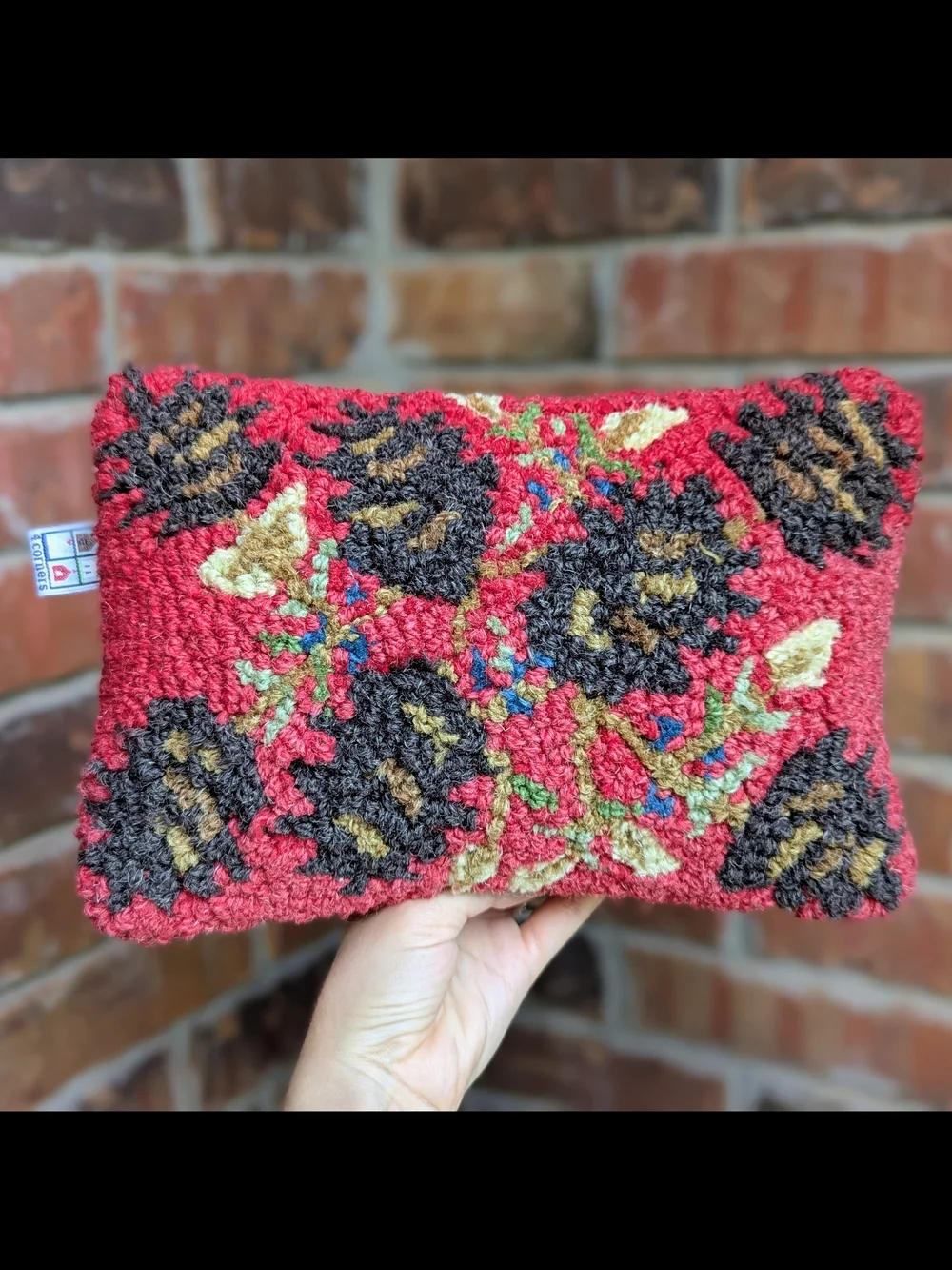 Chandler 4 Corners Hand Hooked Wool Pinecones Red Velveteen Luxury Pillow 8x12